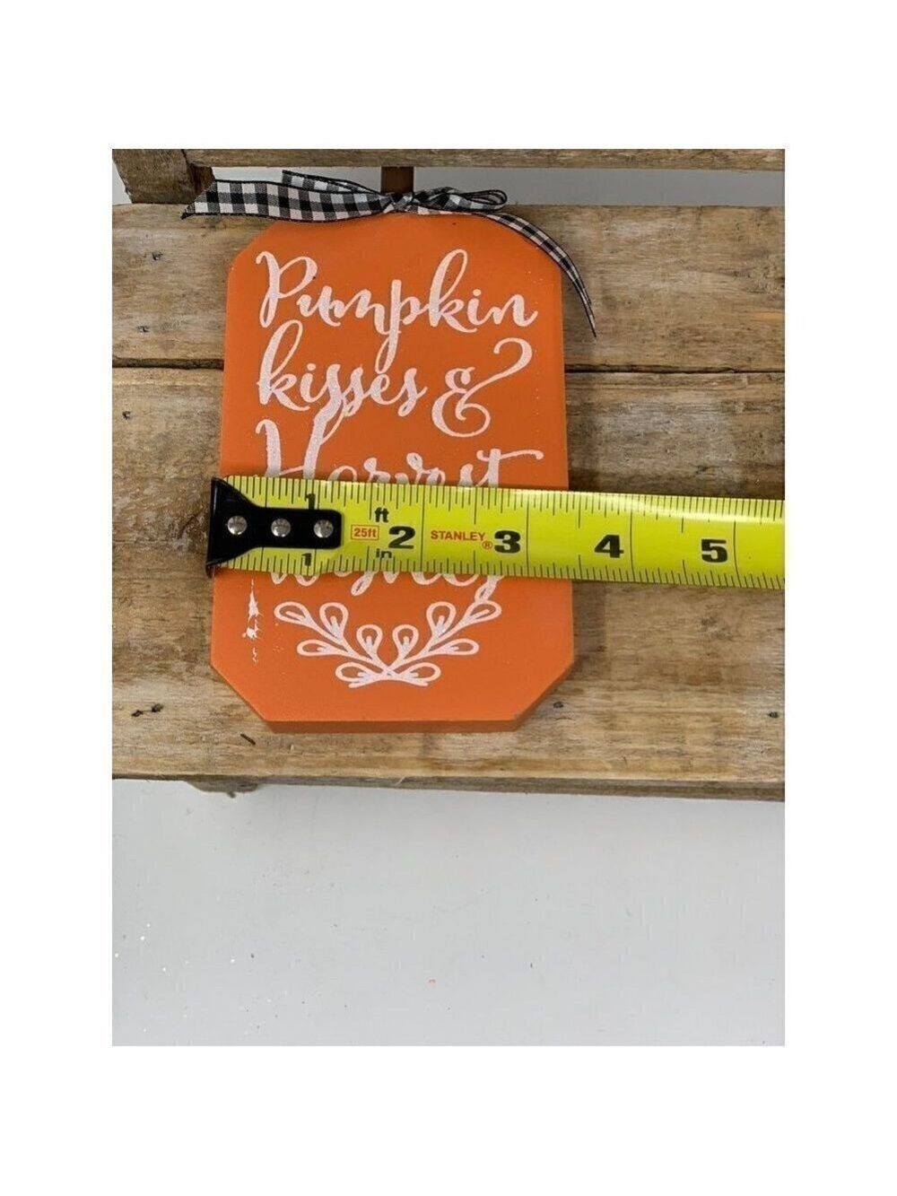Pumpkin Harvest Sign Shelf Sitter Table Decor Wood 0range Buffalo Check Ribbon - Picture 7 of 7